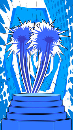 Comic book blue product podium backdrop. Pop Art Stage for presentation. Comics business advertising background. Retro platform, marketing display.のイラスト素材