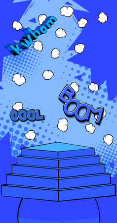 Comic book blue product podium backdrop. Pop Art Stage for presentation. Comics business advertising background. Retro platform, marketing display.のイラスト素材