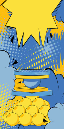 Comic book yellow and blue product podium banner. Pop Art Stage for presentation. Comics business advertising background. Retro platform, marketing display backdrop.のイラスト素材