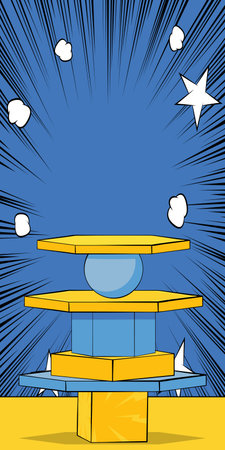 Comic book yellow and blue product podium banner. Pop Art Stage for presentation. Comics business advertising background. Retro platform, marketing display backdrop.のイラスト素材