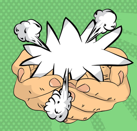 Comic Book Man's Hand Holding a blank speech bubble in his palm. Abstract pop art green background for Advertisement. Retro poster Template.のイラスト素材