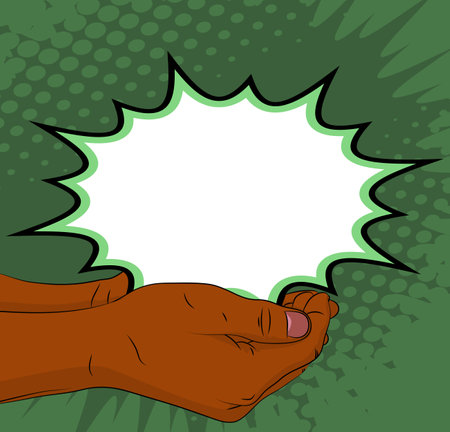 Comic Book Man's Hand Holding a blank speech bubble in his palm. Abstract pop art green background for Advertisement. Retro poster Template.のイラスト素材