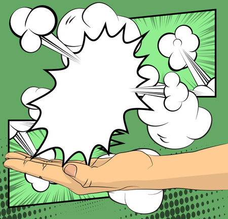 Comic Book Man's Hand Holding a blank speech bubble in his palm. Abstract pop art green background for Advertisement. Retro poster Template.のイラスト素材