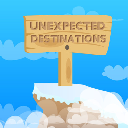 Unexpected Destinations text on Wooden sign. Cartoon vector illustration.のイラスト素材