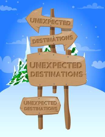 Unexpected Destinations text on Wooden sign. Cartoon vector illustration.のイラスト素材