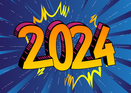 Cartoon 2024 explosion sign, comic book New Year. Retro vector comics pop art design.のイラスト素材