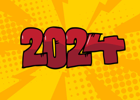 Cartoon 2024 explosion sign, comic book New Year. Retro vector comics pop art design.のイラスト素材