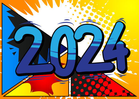 Cartoon 2024 explosion sign, comic book New Year. Retro vector comics pop art design.のイラスト素材