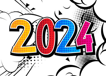 Cartoon 2024 explosion sign, comic book New Year. Retro vector comics pop art design.のイラスト素材