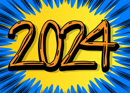 Cartoon 2024 explosion sign, comic book New Year. Retro vector comics pop art design.のイラスト素材