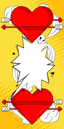 Cartoon Arrow Heart and speech bubble sign, comic book Valentine's Day Symbol. Retro vector comics pop art design.のイラスト素材