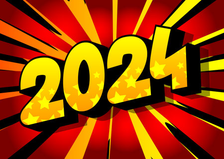 Cartoon 2024 explosion sign, comic book New Year. Retro vector comics pop art design.のイラスト素材