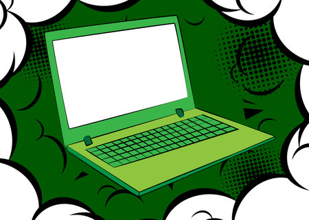 Cartoon blank laptop, comic book notebook. Retro vector comics pop art design.のイラスト素材