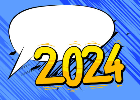 Cartoon 2024 with blank speech bubble sign, comic book New Year background. Retro vector comics pop art design.のイラスト素材