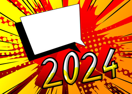 Cartoon 2024 with blank speech bubble sign, comic book New Year background. Retro vector comics pop art design.のイラスト素材
