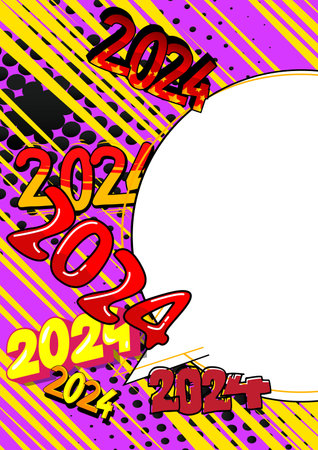 Cartoon 2024 with blank speech bubble sign, comic book New Year background. Retro vector comics pop art design.のイラスト素材