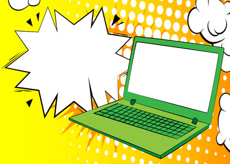 Cartoon Laptop with blank speech bubble, comic book Notebook background. Retro vector comics pop art design.のイラスト素材