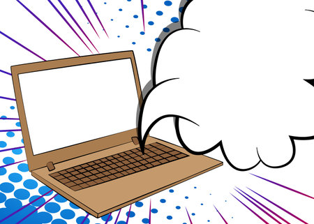 Cartoon Laptop with blank speech bubble, comic book Notebook background. Retro vector comics pop art design.のイラスト素材