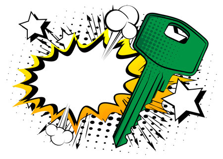 Cartoon Key with blank speech bubble, comic book safety background. Retro vector comics pop art design.のイラスト素材