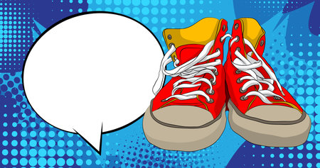Cartoon vintage Sneakers with blank speech bubble, comic book Trainers Shoe background. Retro vector comics pop art design.のイラスト素材