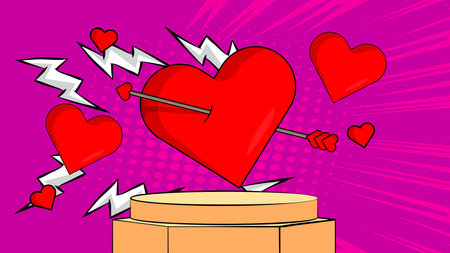 Comic Book Product podium stage for mockup presentation with Arrow Heart. Retro comics Valentine's Day Symbol background.のイラスト素材