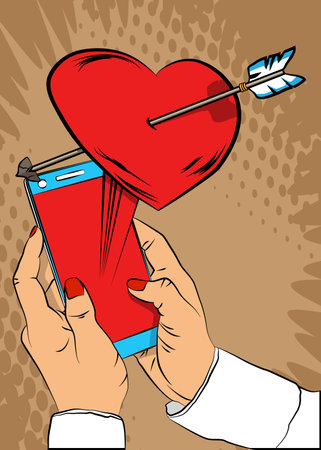 Cartoon Smartphone, comic book Telephone with Arrow Heart. Retro vector comics pop art Mobile Valentine's Day design.のイラスト素材