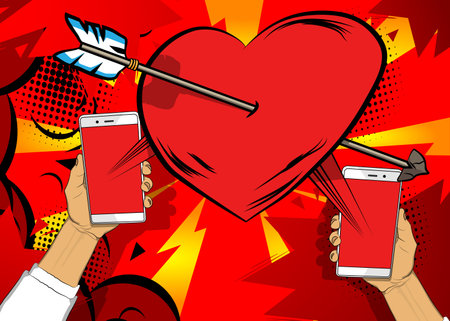 Cartoon Smartphone, comic book Telephone with Arrow Heart. Retro vector comics pop art Mobile Valentine's Day design.のイラスト素材