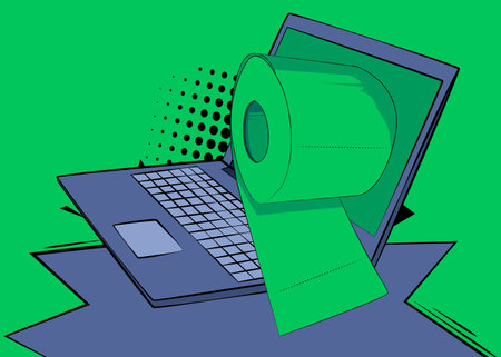 Cartoon Laptop Toilet Paper, comic book Notebook Hygiene Accessory. Retro vector comics pop art design.のイラスト素材