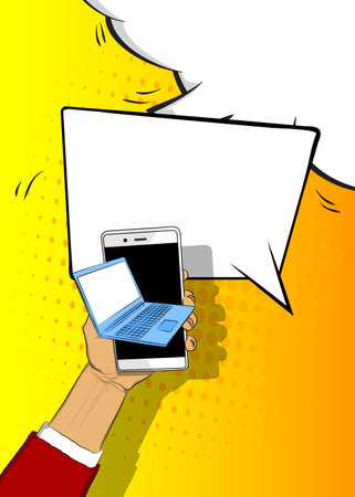 Cartoon Smart Phone and Laptop with blank speech bubble, comic book Computer background. Retro vector comics pop art design.のイラスト素材