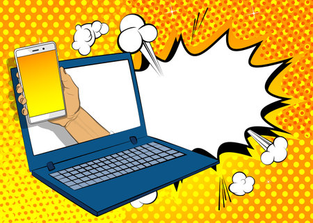 Cartoon Smart Phone and Laptop with blank speech bubble, comic book Computer background. Retro vector comics pop art design.のイラスト素材