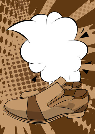 Cartoon Elegant Shoes with blank speech bubble, comic book Leather Footwear background. Retro vector comics pop art design.のイラスト素材