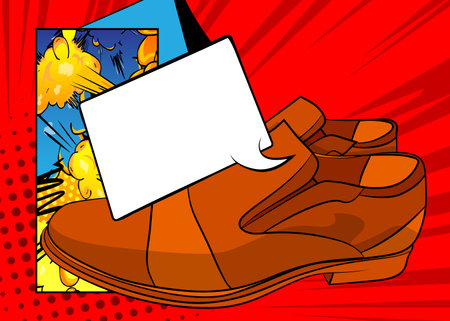 Cartoon Elegant Shoes with blank speech bubble, comic book Leather Footwear background. Retro vector comics pop art design.のイラスト素材