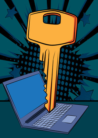 Cartoon Laptop, comic book Notebook with Key. Retro vector comics pop art design.のイラスト素材