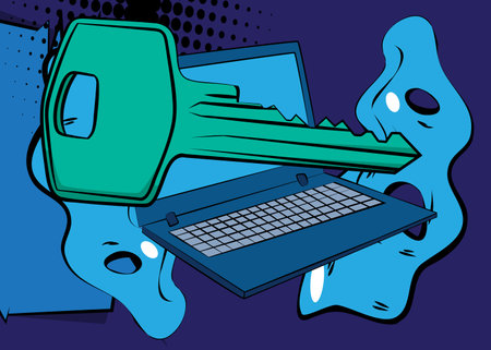 Cartoon Laptop, comic book Notebook with Key. Retro vector comics pop art design.のイラスト素材
