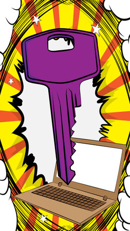 Cartoon Laptop, comic book Notebook with Key. Retro vector comics pop art design.のイラスト素材