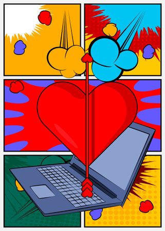 Cartoon Laptop, comic book Notebook with Heart, Valentine's Day Symbol. Retro vector comics pop art design.のイラスト素材