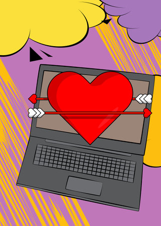 Cartoon Laptop, comic book Notebook with Heart, Valentine's Day Symbol. Retro vector comics pop art design.のイラスト素材