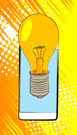 Cartoon Smartphone, comic book Telephone with Light Bulb. Retro vector comics pop art design.のイラスト素材