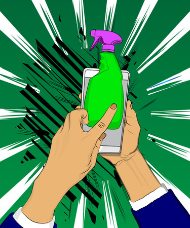Cartoon Smartphone, comic book Telephone with Window Washer, Cleaning Product. Retro vector comics pop art design.のイラスト素材