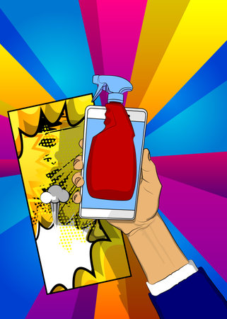 Cartoon Smartphone, comic book Telephone with Window Washer, Cleaning Product. Retro vector comics pop art design.のイラスト素材