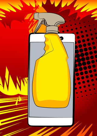 Cartoon Smartphone, comic book Telephone with Window Washer, Cleaning Product. Retro vector comics pop art design.のイラスト素材