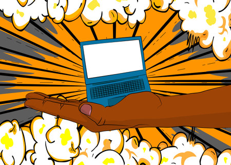Cartoon, comic book human hands holding Laptop. Retro vector comics pop art design.のイラスト素材