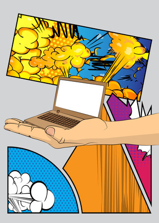 Cartoon, comic book human hands holding Laptop. Retro vector comics pop art design.のイラスト素材