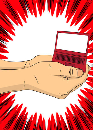 Cartoon, comic book human hands holding Laptop. Retro vector comics pop art design.のイラスト素材