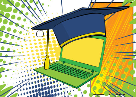 Cartoon Laptop, comic book Notebook with Graduation Hat. Retro vector comics pop art design.のイラスト素材