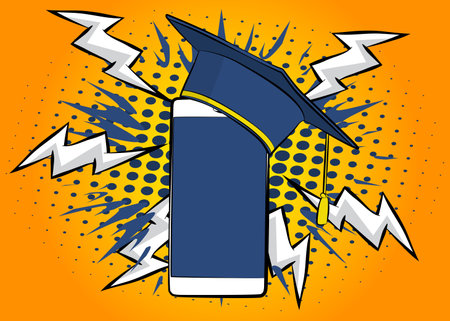 Cartoon Smartphone, comic book Telephone with Graduation Cap. Retro vector comics pop art design.のイラスト素材