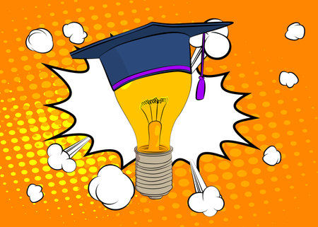 Cartoon Graduation hat on a Light Bulb, comic book Education. Retro vector comics pop art design.のイラスト素材