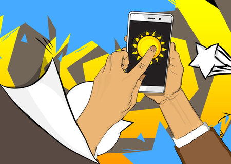 Cartoon Smartphone, comic book Telephone with Summer Sun. Retro vector comics pop art design.のイラスト素材