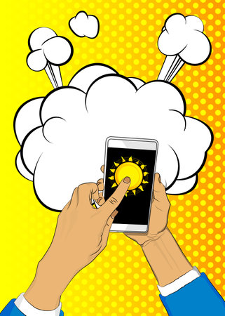 Cartoon Smartphone, comic book Telephone with Summer Sun. Retro vector comics pop art design.のイラスト素材