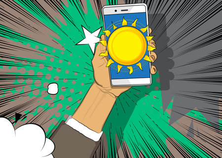 Cartoon Smartphone, comic book Telephone with Summer Sun. Retro vector comics pop art design.のイラスト素材